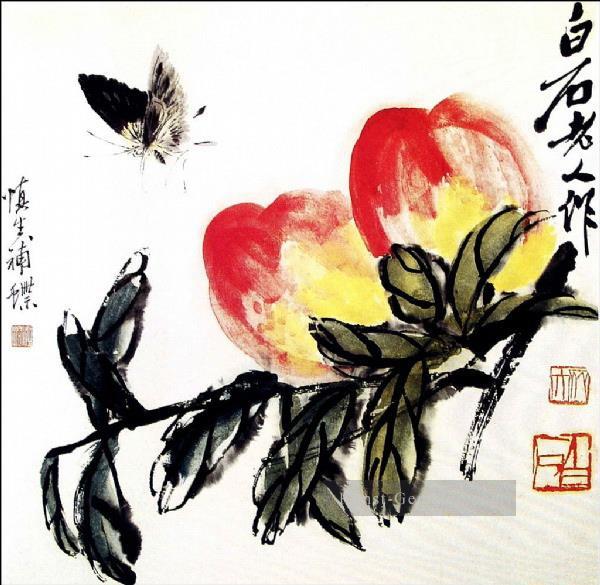 Qi Baishi Schmetterling und Pfirsich Chinesische Malerei Ölgemälde